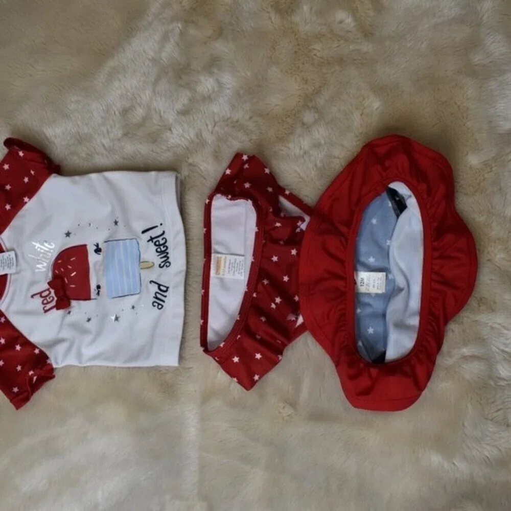 Gymboree Patriotic Bathing Suit Red white and blue 3 Piece Set -Size 6-12 Months